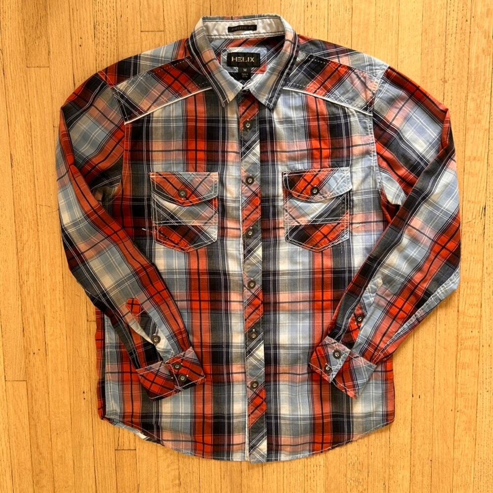 Helix Plaid Button Up Shirt Men Size M Red White Stitch Long Sleeve Athletic Fit